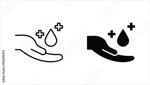Hand receiving antiseptic drop with plus signs outline and solid