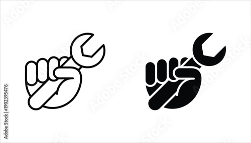 Hand holding wrench icon, repair and service symbol outline.