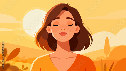 A woman is sitting in a field with a sun in the background. She is smiling and looking at the camera