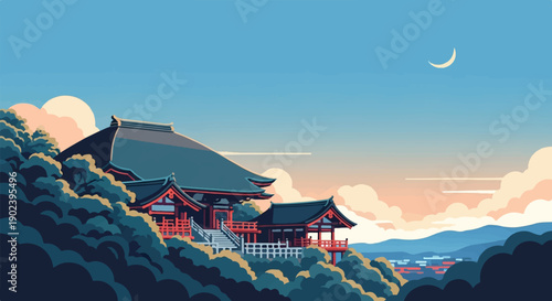 Pixel art temple nestled on a hill against a soft sky with crescent moon