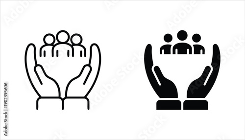 Hands holding group people icon outline and filled