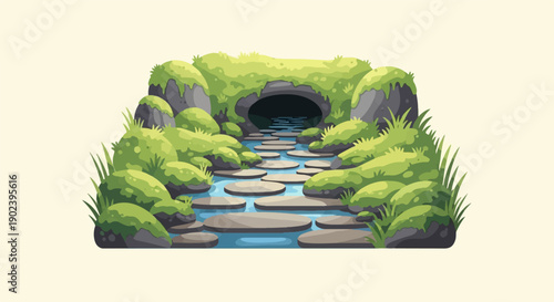 Pixel art stream path leading to a mossy cave entrance