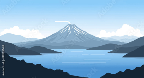 Pixelated mountain range overlooks a tranquil, blue lake under a cloudy sky