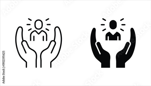 Hands holding single person icon outline and filled