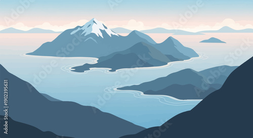 Pixelated mountain range with snowy peak over a calm blue lake at dawn