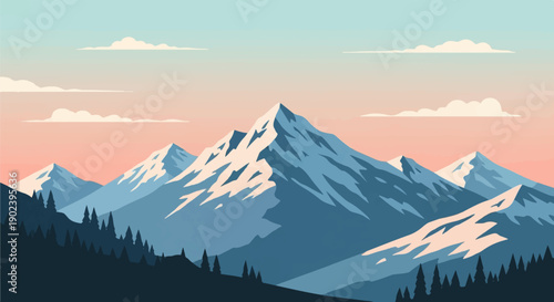 Pixelated mountain range with snow caps under a pastel sky