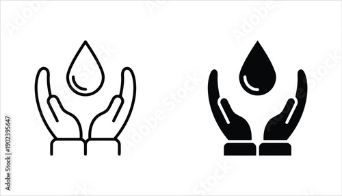 Hands holding water drop in outline and solid fill versions