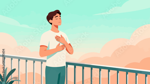 A man is standing on a balcony and hugging his heart. Concept of peace and tranquility, as the man is taking a moment to connect with his emotions and find inner calm