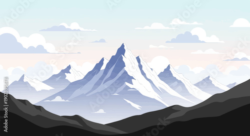 Pixelated mountain range with soft clouds and a pale sky
