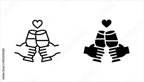 Hands holding wine glasses for a toast with heart symbol, celebration of love and romance