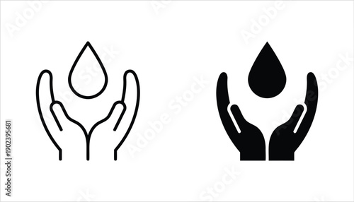 Hands holding water drop icon set outline and fill styles