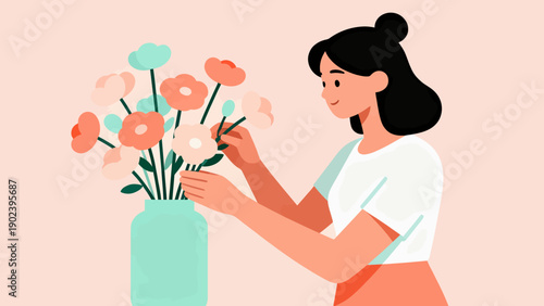 A woman is holding a vase of flowers and arranging them. The flowers are pink and white, and the vase is green. The woman is focused on her task, and the scene conveys a sense of calm