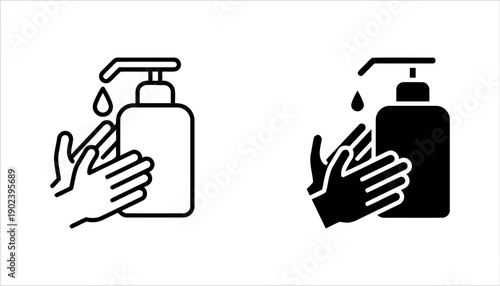 Hands using soap dispenser icon set with outline and solid style