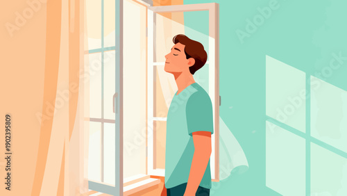 A man is standing in front of a window, looking out at the sun. He is smoking a cigarette