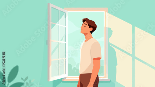 A man is standing in front of a window, looking out at the sun. The scene is peaceful and calming, with the man's gaze directed towards the bright light. The window is open