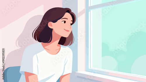 A woman is sitting in a chair by a window. She is smiling and looking out the window