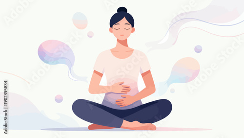 A woman is sitting cross legged on the floor with her hands on her stomach. She is in a relaxed state and she is meditating