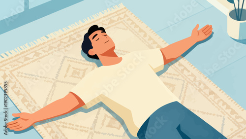 A man is laying on a rug with his arms outstretched. He is relaxed and at peace