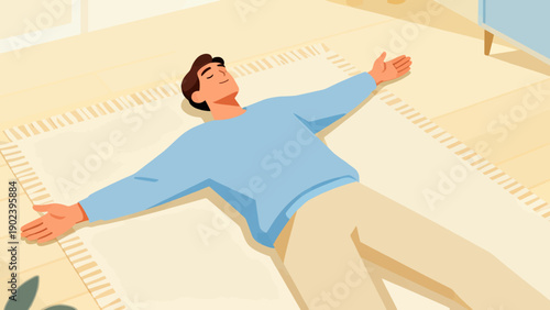 A man is laying on the floor with his arms outstretched. He is smiling and he is relaxed