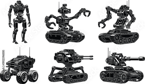 Collection of futuristic military robots and autonomous combat vehicles silhouettes, robotic tanks, drones and armed machines concept art isolated on white background illustration set