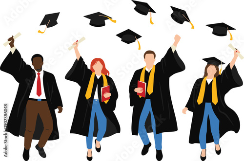 Diverse group of graduates in black gowns throwing graduation caps in the air holding diplomas and books