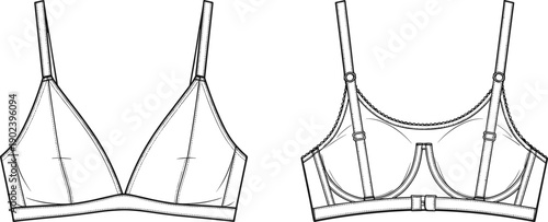 Minimalist women lingerie bra technical flat sketch front and back view, fashion design template with construction lines, garment blueprint vector illustration isolated on white background