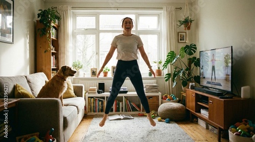 Young adult white woman doing jumping jacks in bright living room, home workout and fitness routine, upbeat morning energy, wellness goals for New Year