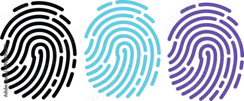Fingerprint Biometric Icon Set Featuring Digital Security Identification Symbols in Black, Cyan, and Purple for Cybersecurity and Privacy Protection Design