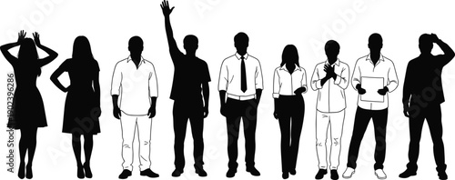 Black silhouette vector set of diverse business people and casual individuals standing in various poses isolated on white background for corporate team and community design