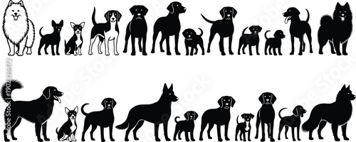 Black silhouette vector set of diverse dog breeds including German Shepherd, Labrador, Husky, and Chihuahua isolated on white background for pet shop and animal graphics