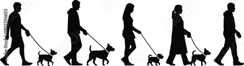 Black silhouette vector set of diverse people walking their dogs on leashes including men and women exercising with small and large pets outdoor