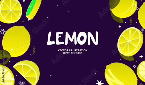 Colorful and fun citrus fruit banner template with copy space in center. Slices of lemon with leaves on both sides with cute decorative illustrations. Whole lemon and sliced lemon. Lemon background. 