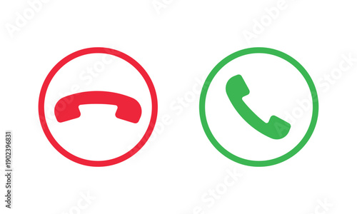 Two circular phone icons, red with white handset facing down to end call, and green with white handset facing up to answer call. Universal mobile communication symbols for apps and interfaces.