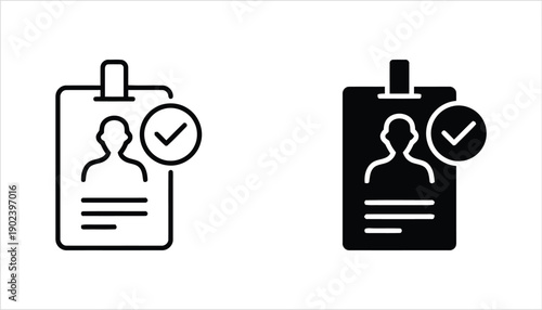 Identification badge with profile picture and checkmark icon outline and filled version