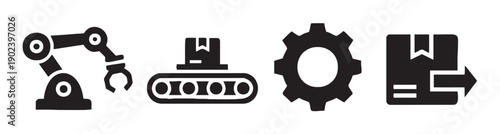 Industrial icons showing robotic arm conveyor belt gear and package for manufacturing process