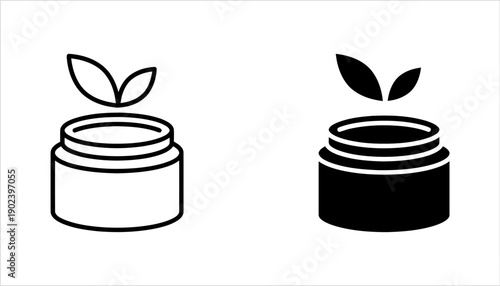 Jar with leaves icon for organic cosmetic product or natural beauty cream symbol outline and filled versions