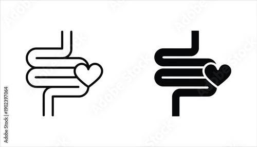 Intestine icon with heart shape and hand vector outline and solid fill design