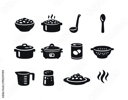 Kitchen cooking utensils and food icons for preparing meals, includes pots, pans, and measuring cups