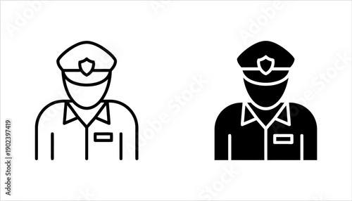 Male police officer icon outline and solid fill two variations isolated on white background flat vector illustration