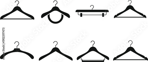 Black silhouette vector set of various clothes hangers including wooden, plastic, and metal styles isolated on white background for closet organization and retail shop display
