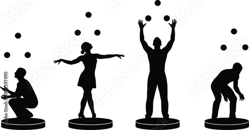 Four black silhouette figures juggling black balls on circular platforms against a white background