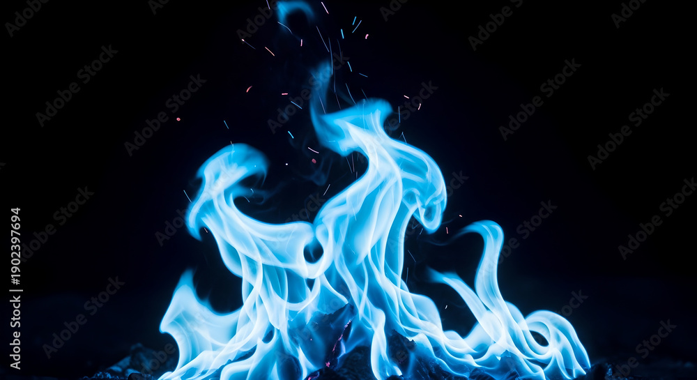 Fototapeta premium Blue flame on dark black background