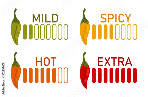 Spicy chili level icons set with mild, medium, hot and extra hot ratings for food menus and packaging, sauce labels and delivery apps.