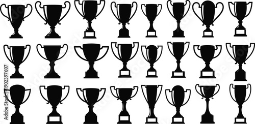 Black silhouette vector set of various winner trophy cups and sports awards isolated on white background for championship celebrations, victory icons, and competition graphics