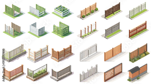Isometric fence and railing illustrations with greenery elements. Modular exterior structures ideal for urban environments landscaping projects and game design assets.