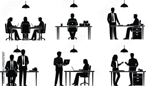 Business Office Silhouette Set Professional Workspace Meeting Icons Corporate People Working At Desks Collaboration Vector Illustrations Manager And Employee Discussion Managemen