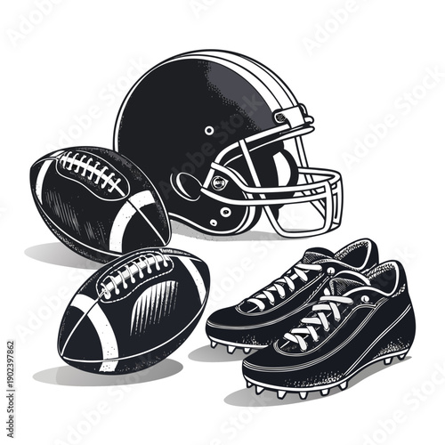American Football Equipment Illustration – Helmet, Cleats, and Football Sports Gear