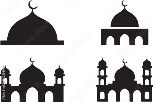 Four black silhouette icons depicting different styles of mosque buildings and domes