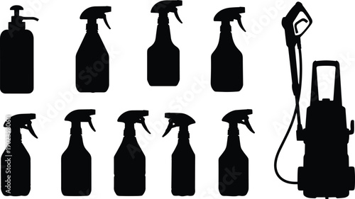 Cleaning Spray Bottle Silhouette Set Pressure Washer Vector Icons Professional Sanitization Equipment Graphics Industrial Housekeeping Service Design Elements Janitorial Suppl