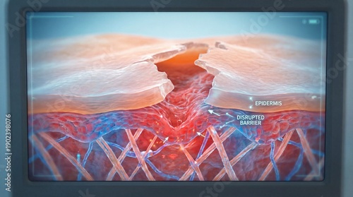 Epidermis disrupted barrier damaged skin skin surface indentation problem skin close up medical illustration unhealthy inflammation texture cross section biology. Skin surface indentation with